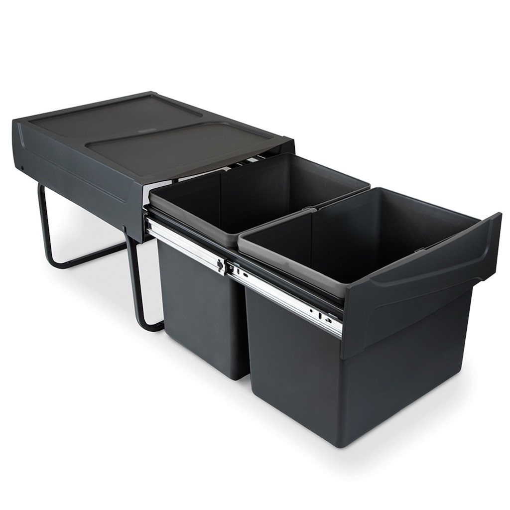 Poubelle de tri Emuca Recycle 2 x 15 L - fixation bas de caisson extraction manuelle noir