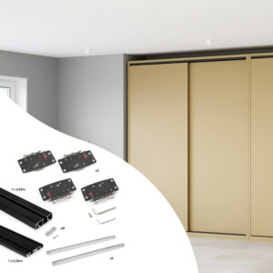 Système de montage en surface Flow 2 en kit pour une armoire avec 2 portes coulissantes en bois avec fermeture souple.