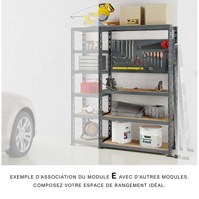 Extension établi-étagère charge lourde MODULÖ STORAGE avec 4 plateaux de 100 cm de long et 1 panneau (SYSTÈME EXTENSION)