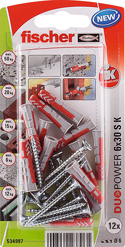 Lot de 12 chevilles et vis FISCHER, Diam.6 x L.30 mm