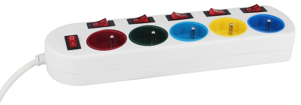 Multiprise 5P 2P+T 16A avec repères couleurs, 6 interrupteurs
