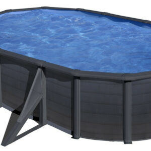 Piscine ovale acier 5,27m x 3,27m x H: 1,22m - Gris anthracite - Filtration à sable - Renfort apparents