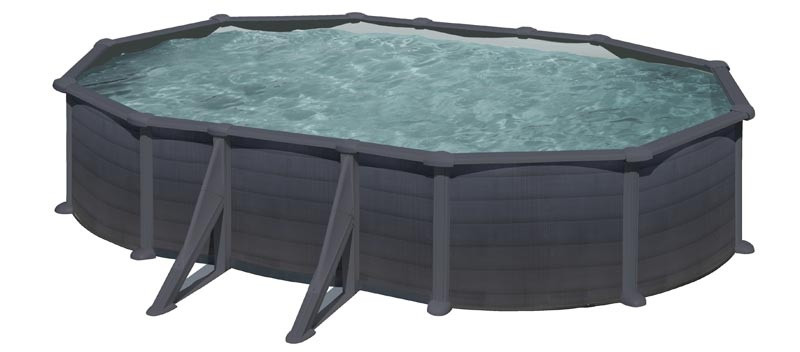 Piscine ovale acier 5,27m x 3,27m x H: 1,32m - Gris anthracite - Filtration à sable - Renforts apparents