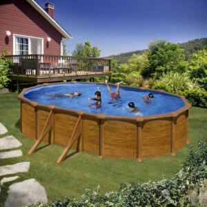 Piscine ovale acier 5,27m x 3,27m x H: 1,32m - Imitation bois - Filtration à sable - Renforts apparents