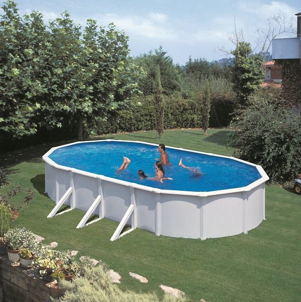 Piscine ovale acier 6,34m x 3,99m x H: 1,22m - Filtration à cartouche - Renfort apparents
