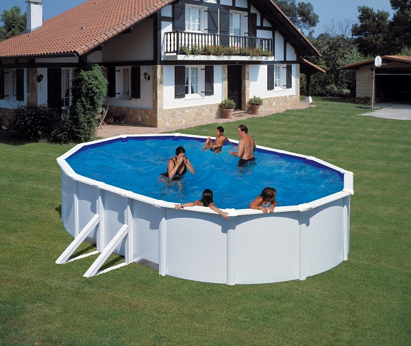 Piscine ovale acier 6,34m x 3,99m x H: 1,22m - Filtration à sable - Renfort apparents