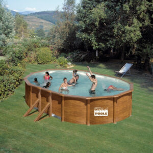 Piscine ovale acier 6,34m x 3,99m x H: 1,22m - Imitation bois - Filtration à sable - Renfort apparents