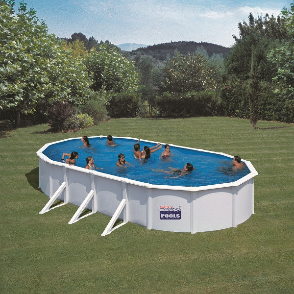 Piscine ovale acier 7,44m x 3,99m x H: 1,22m - Filtration à sable - Renforts apparents