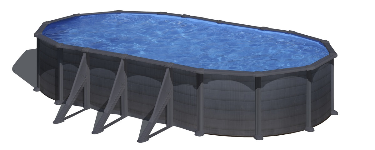 Piscine ovale acier 7,44m x 3,99m x H: 1,22m - Gris anthracite - Filtration à sable - Renforts apparents