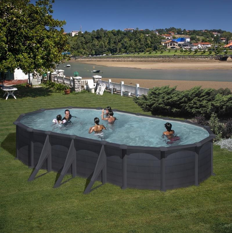 Piscine ovale acier 7,44m x 3,99m x H: 1,32m - Gris anthracite - Filtration à sable - Renforts apparents