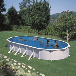 Piscine ovale acier 8,15m x 4,90m x H: 1,32m - Filtration à sable - Renforts apparents