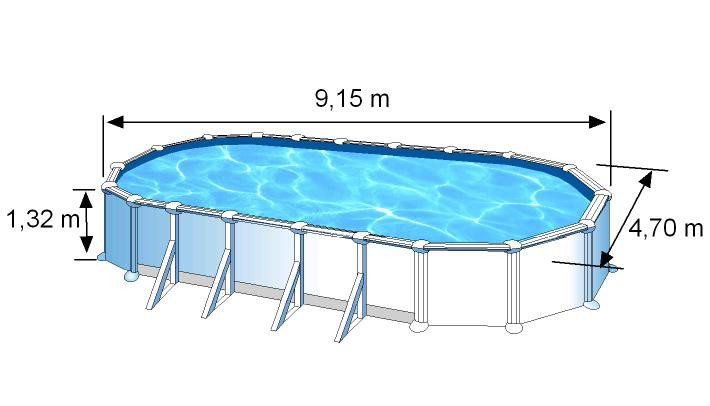 Piscine ovale acier 9,20m x 5,05m x H: 1,32m - Filtration à sable - Renforts apparents