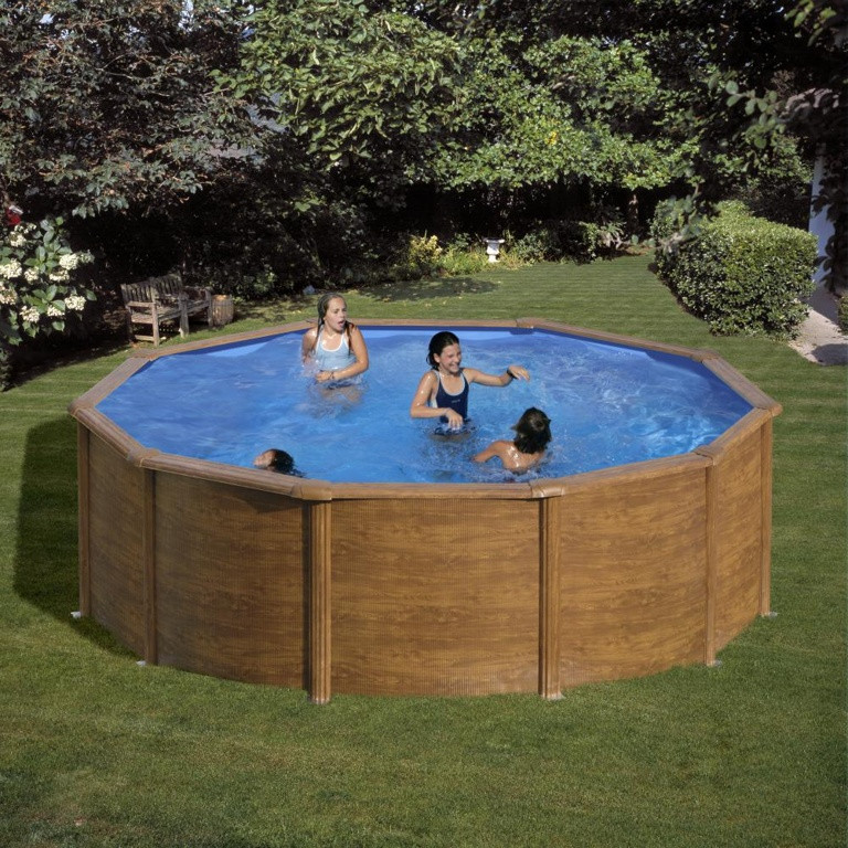 Piscine ronde acier Ø3,70m x H: 1,22m - Imitation bois - Filtration à cartouche
