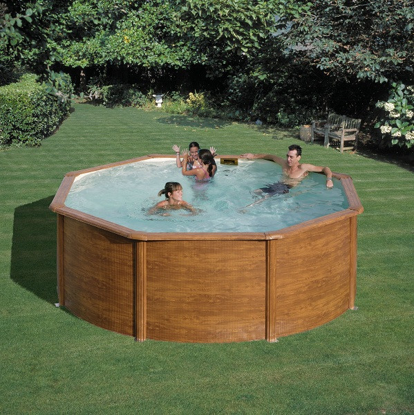 Piscine ronde acier Ø3,70m x H: 1,22m - Imitation bois - Filtration à sable