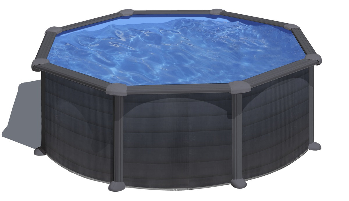 Piscine ronde acier Ø3,70m x H: 1,32m - Gris anthracite - Filtration à sable