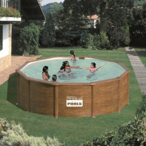 Piscine ronde acier Ø4,80m x H: 1,22m - Imitation bois - Filtration à sable