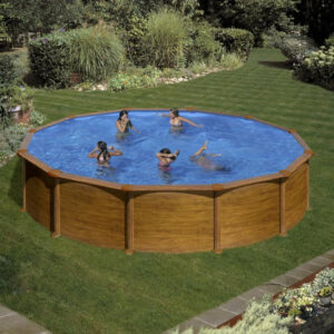 Piscine ronde acier Ø5,70m x H: 1,32m - Imitation bois - Filtration à sable