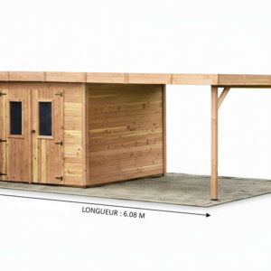 Abri de jardin bois avec bûcher 7,53 m² - madriers 28 mm - toit plat polycarbonate - double porte vitrée