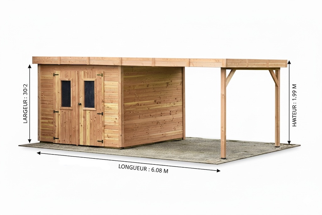 Abri de jardin bois avec bûcher 7,53 m² - madriers 28 mm - toit plat polycarbonate - double porte vitrée