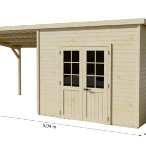 Abri de jardin bois avec terrasse 18,06 m² - madriers 28 mm - toit monopente acier - double porte semi-vitrée