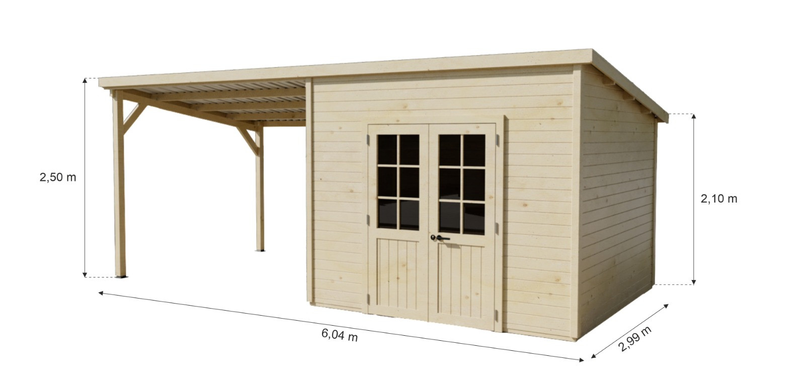 Abri de jardin bois avec terrasse 18,06 m² - madriers 28 mm - toit monopente acier - double porte semi-vitrée