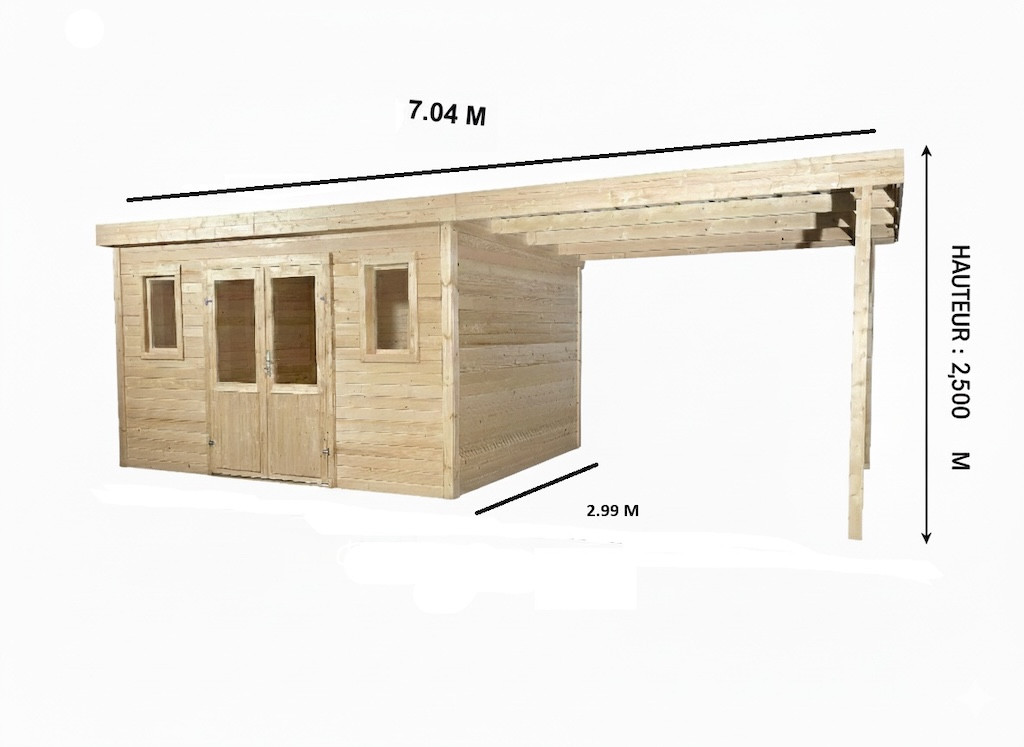 Abri de jardin bois avec terrasse 21,05 m² - madriers 28 mm - toit monopente acier - double porte vitrée + fenêtres