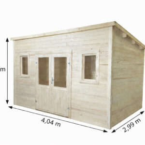 Abri de jardin bois massif 10,27 m² - madriers 28 mm - toit monopente bac acier - double porte vitrée + fenêtres