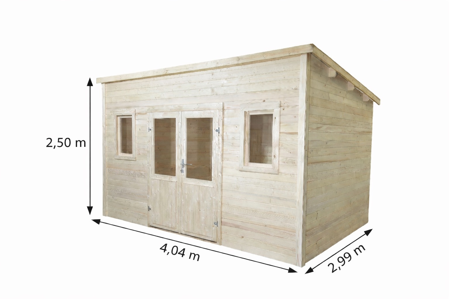 Abri de jardin bois massif 10,27 m² - madriers 28 mm - toit monopente bac acier - double porte vitrée + fenêtres