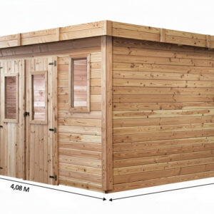 Abri de jardin bois massif 10,27 m² - madriers 28 mm - toit plat polycarbonate - double porte vitrée + fenêtres