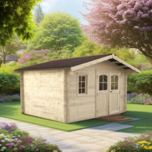 Abri de jardin bois massif 10,30 m² - madriers 42 mm - toit double pente - double porte vitrée