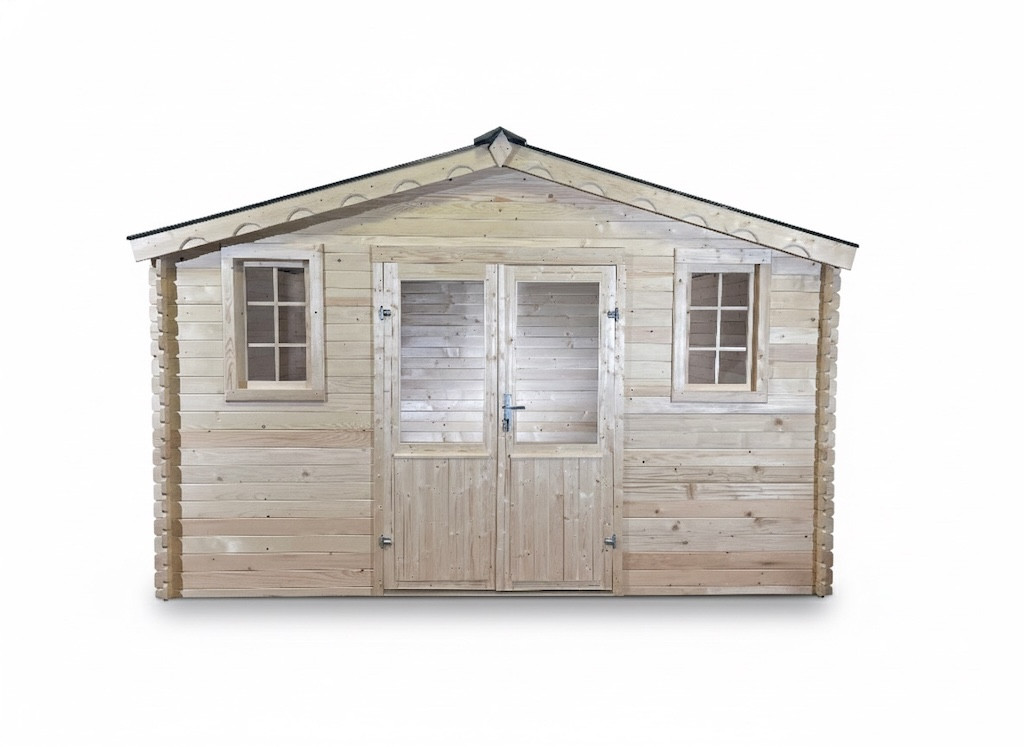 Abri de jardin bois massif 11,04 m² - madriers 28 mm - toit acier double pente - embase incluse - BAX4030