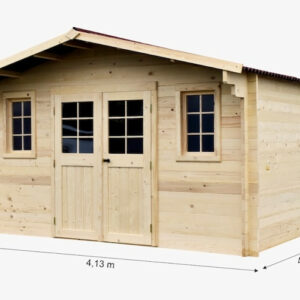 Abri de jardin bois massif 13,81 m² - madriers 42 mm - toit double pente - double porte vitrée
