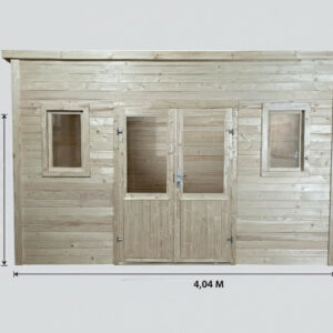 Abri de jardin bois massif 14,02 m² - madriers 28 mm - toit monopente acier - double porte vitrée + fenêtres