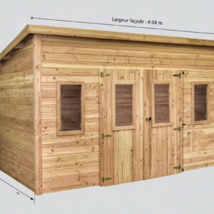 Abri de jardin bois massif 14,02 m² - madriers 28 mm - toit monopente polycarbonate - double porte + fenêtres