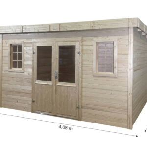 Abri de jardin bois massif 14,02 m² - madriers 28 mm - toit plat bac acier - double porte vitrée sécurisée