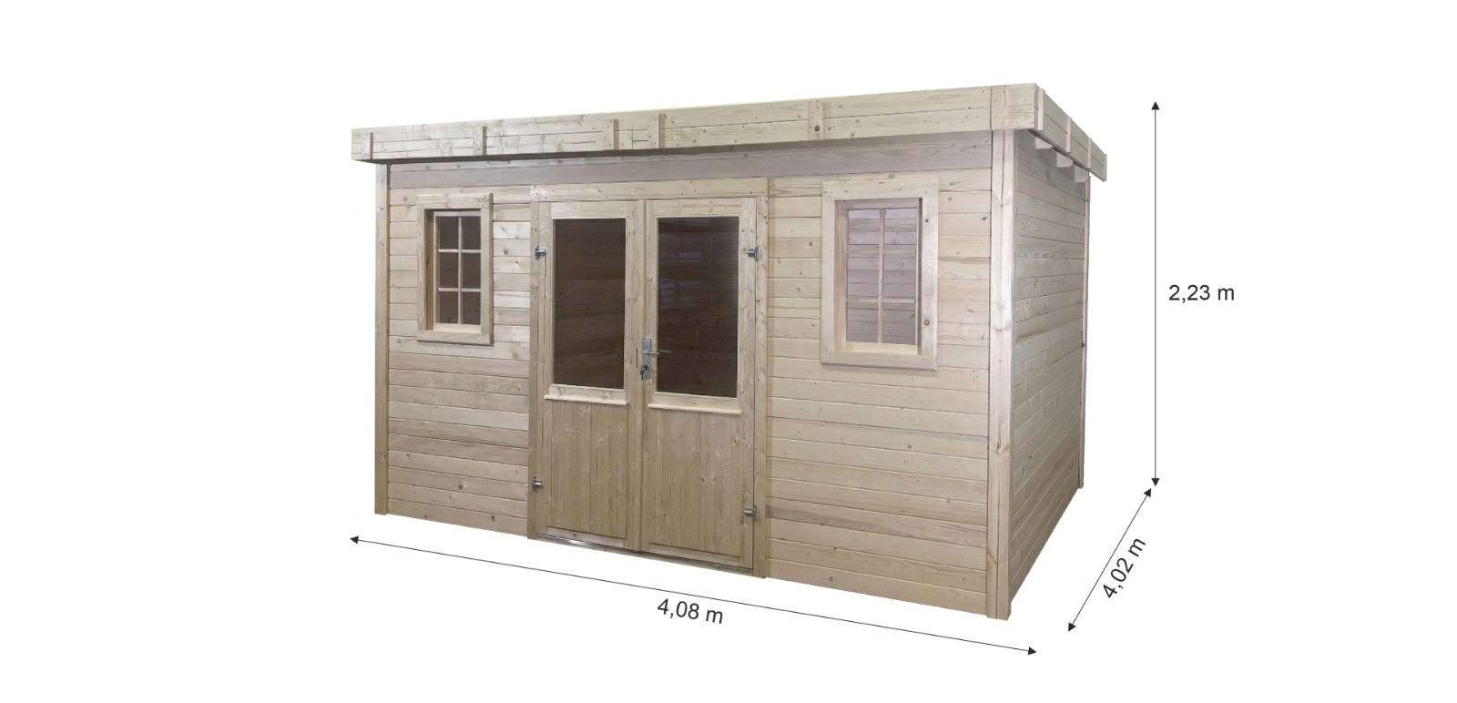 Abri de jardin bois massif 14,02 m² - madriers 28 mm - toit plat bac acier - double porte vitrée sécurisée