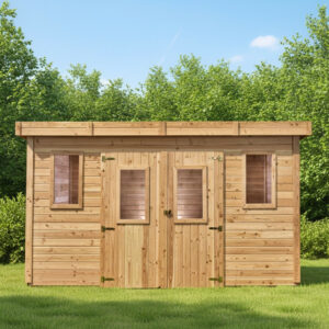 Abri de jardin bois massif 14,02 m² - madriers 28 mm - toit plat polycarbonate - double porte vitrée