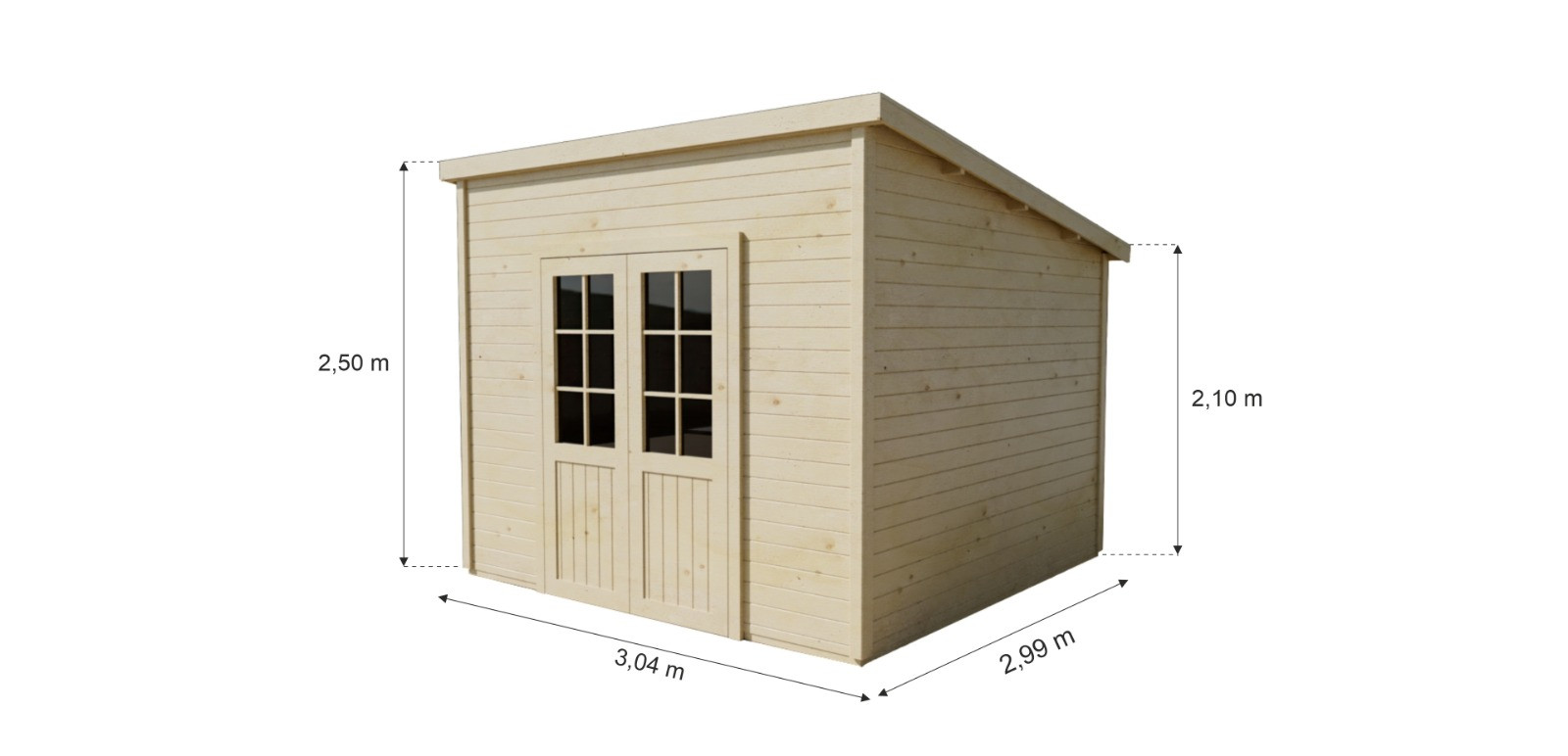 Abri de jardin bois massif 7,51 m² - madriers 28 mm - toit monopente bac acier - double porte vitrée