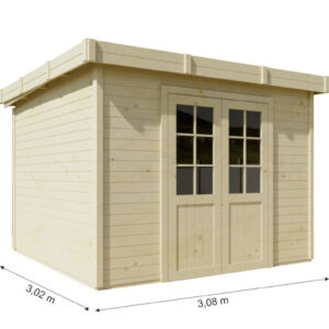Abri de jardin bois massif 7,53 m² - madriers 28 mm - toit plat bac acier - double porte vitrée sécurisée