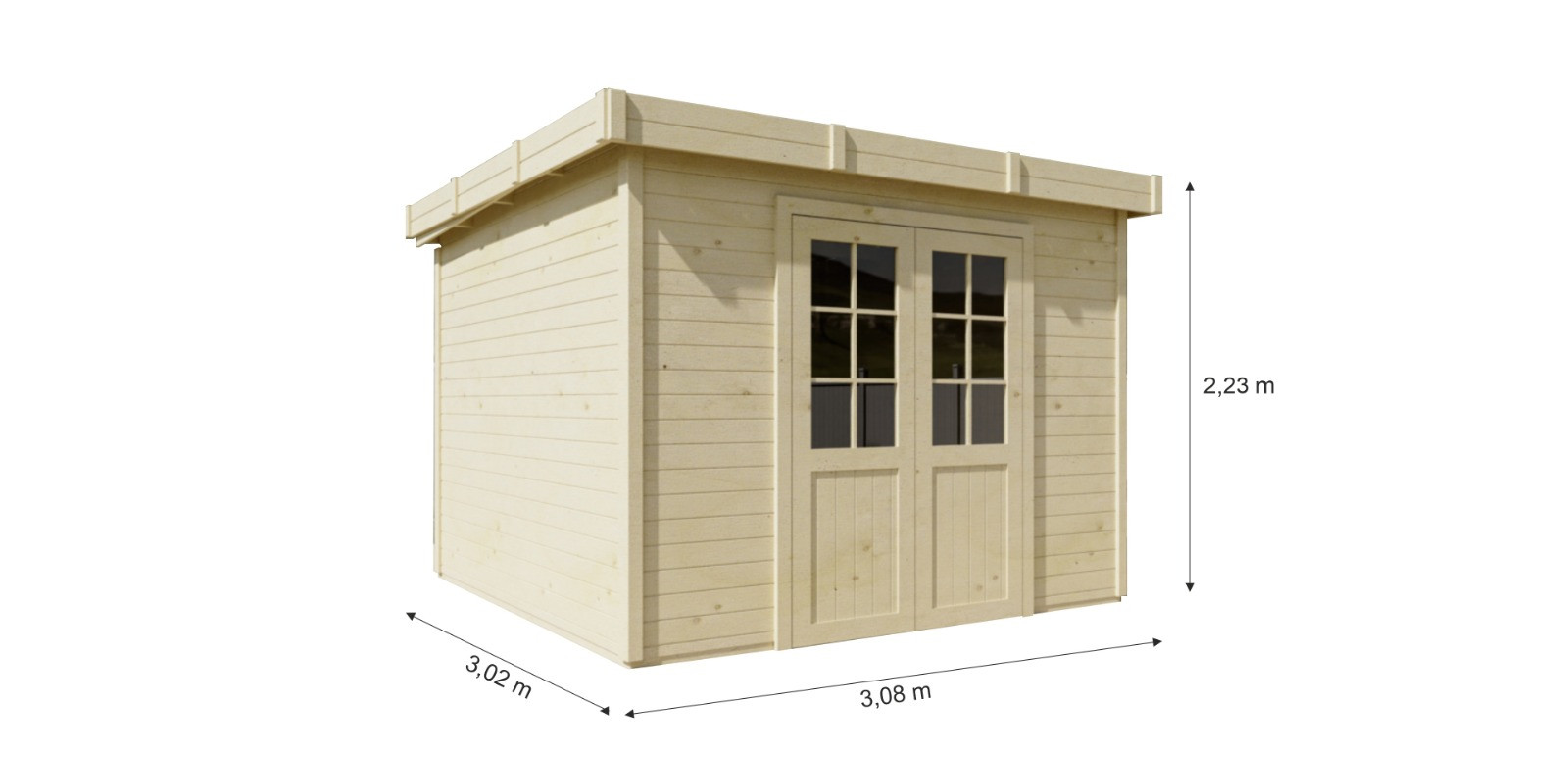 Abri de jardin bois massif 7,53 m² - madriers 28 mm - toit plat bac acier - double porte vitrée sécurisée