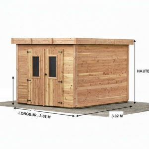 Abri de jardin bois massif 7,53 m² - madriers 28 mm - toit plat polycarbonate - double porte vitrée