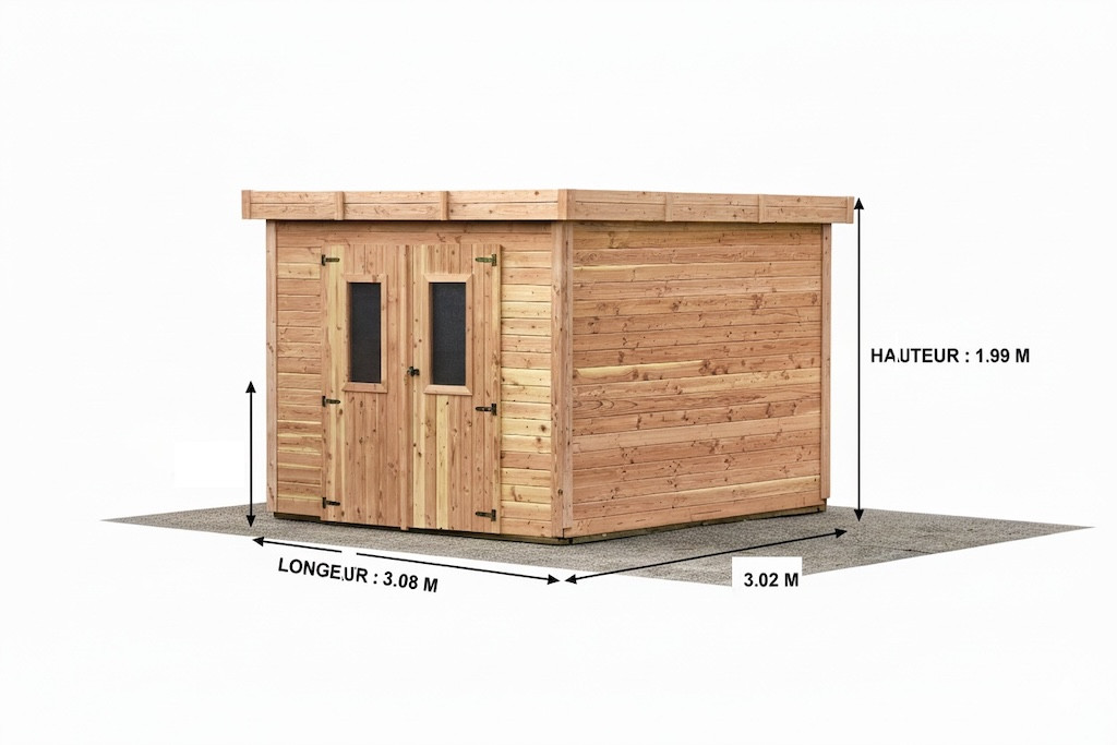 Abri de jardin bois massif 7,53 m² - madriers 28 mm - toit plat polycarbonate - double porte vitrée