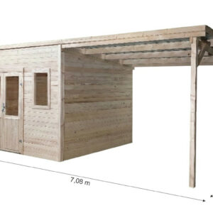 Abri de jardin bois massif avec bûcher 10,25 m² - madriers 28 mm - toit plat acier - double porte vitrée sécurisée