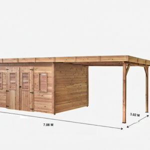 Abri de jardin bois massif avec bûcher 10,25 m² - madriers 28 mm - toit plat polycarbonate - double porte vitrée