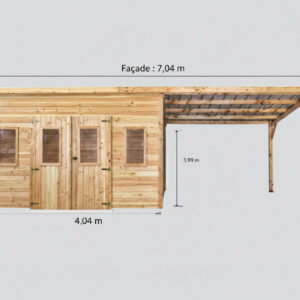 Abri de jardin bois massif avec bûcher 14,02 m² - madriers 28 mm - toit monopente polycarbonate - double porte + fenêtres
