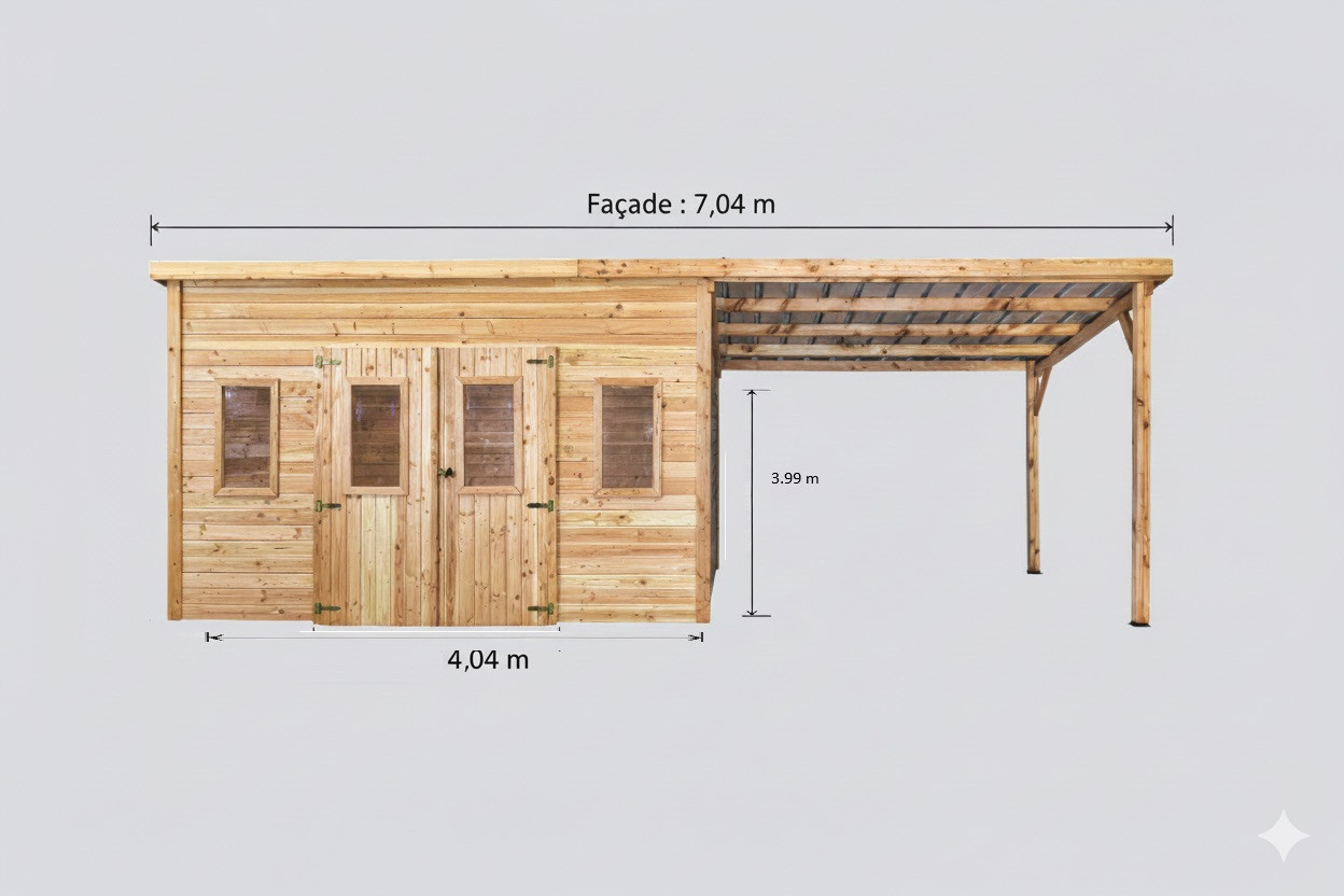 Abri de jardin bois massif avec bûcher 14,02 m² - madriers 28 mm - toit monopente polycarbonate - double porte + fenêtres