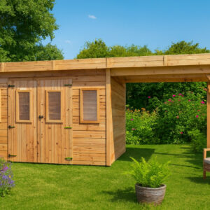 Abri de jardin bois massif avec bûcher 14,02 m² - madriers 28 mm - toit plat polycarbonate - double porte vitrée