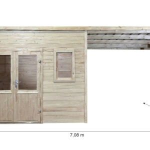 Abri de jardin bois massif avec terrasse 14,02 m² - madriers 28 mm - toit plat acier - double porte vitrée