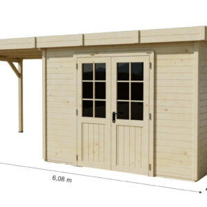 Abri de jardin bois massif avec terrasse 7,51 m² - madriers 28 mm - toit plat acier - double porte vitrée