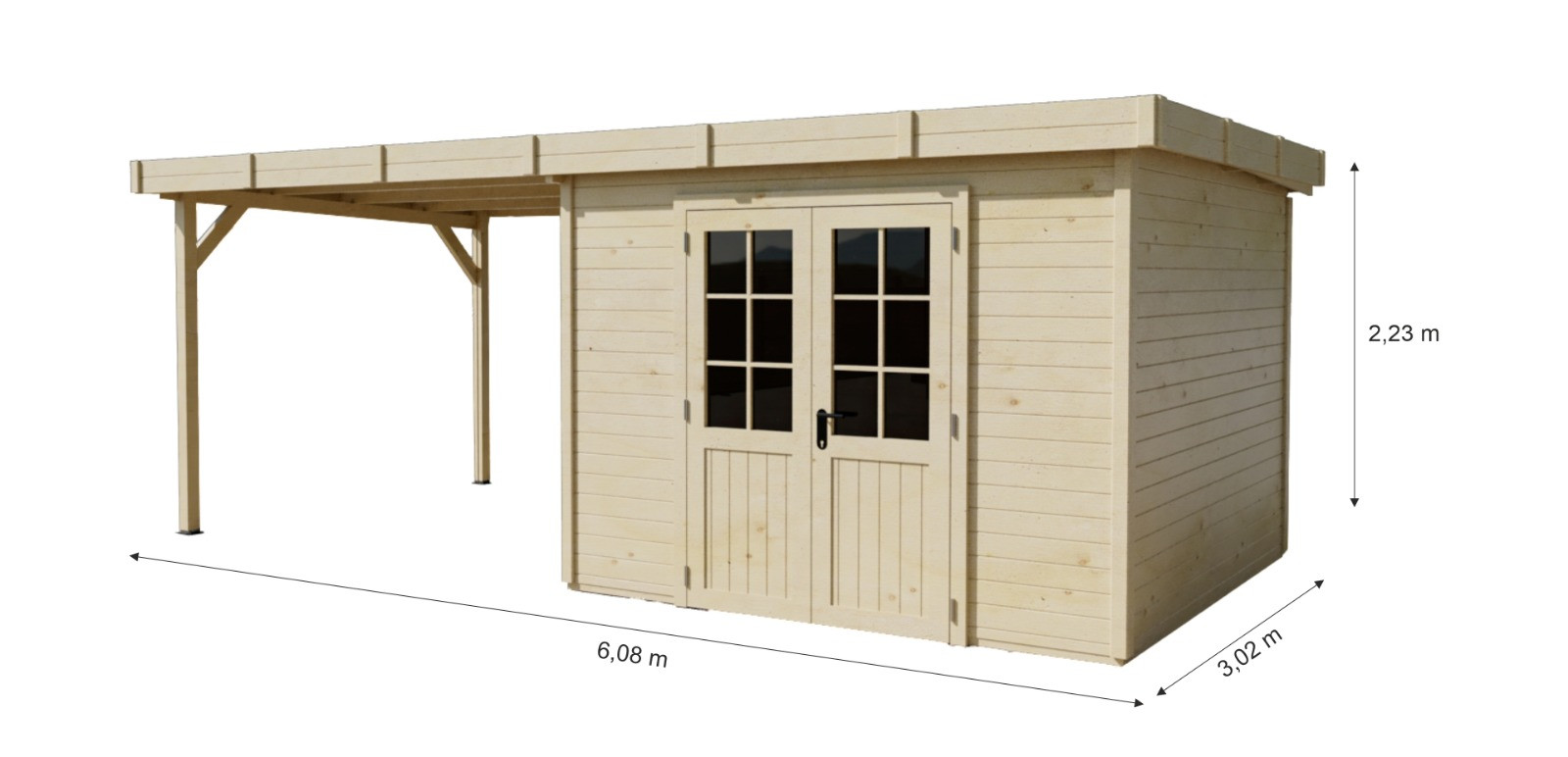 Abri de jardin bois massif avec terrasse 7,51 m² - madriers 28 mm - toit plat acier - double porte vitrée